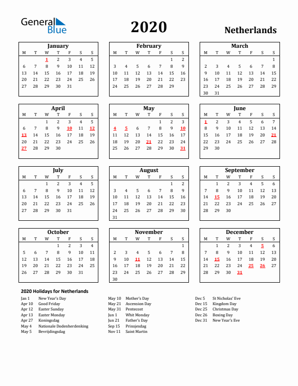 2020 The Netherlands Holiday Calendar - Monday Start