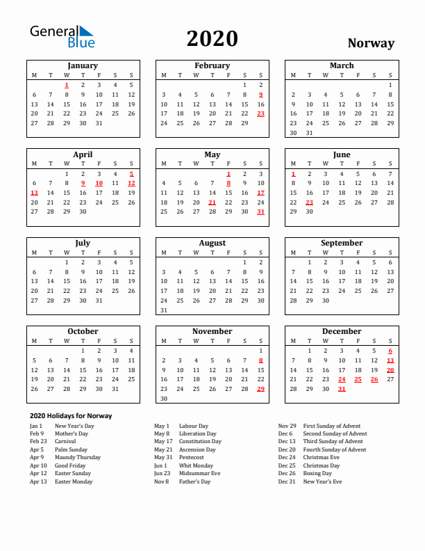 2020 Norway Holiday Calendar - Monday Start