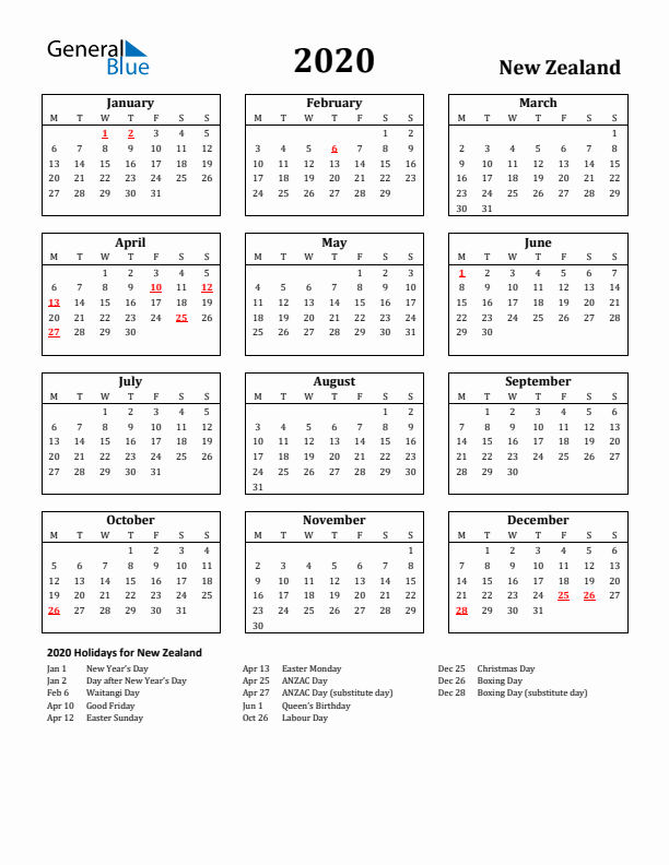 2020 New Zealand Holiday Calendar - Monday Start