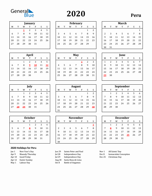 2020 Peru Holiday Calendar - Monday Start