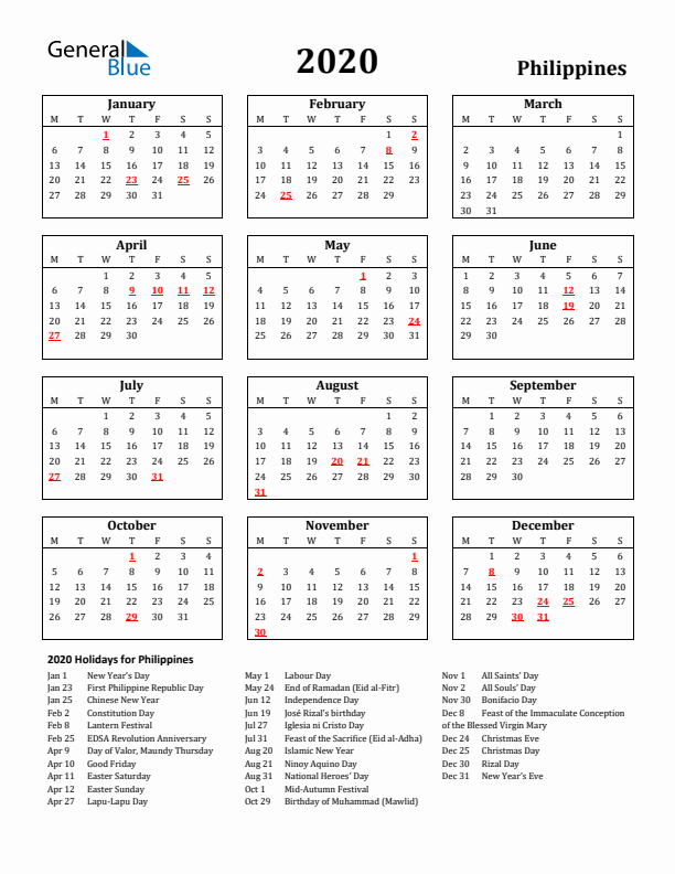 2020 Philippines Holiday Calendar - Monday Start