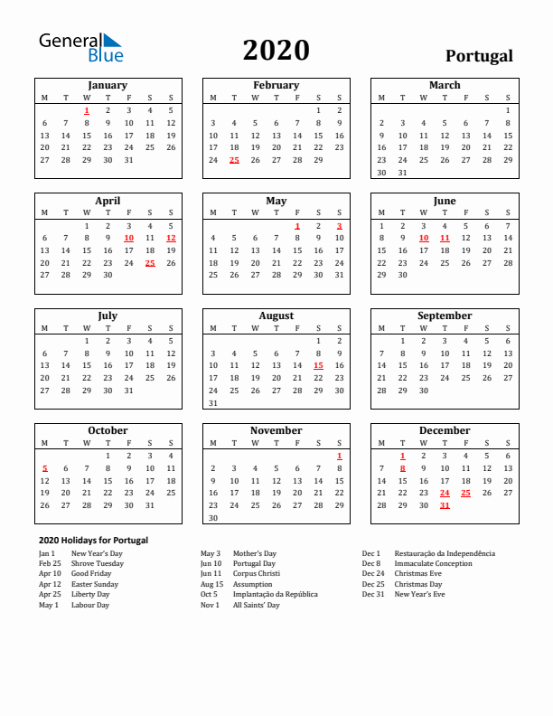 2020 Portugal Holiday Calendar - Monday Start