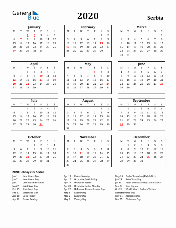 2020 Serbia Holiday Calendar - Monday Start