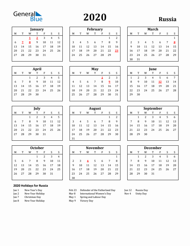 2020 Russia Holiday Calendar - Monday Start