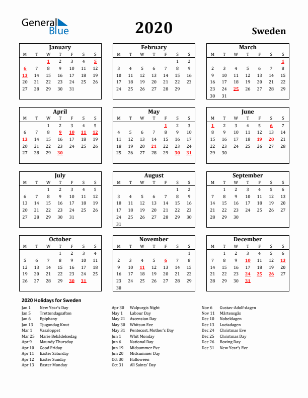 2020 Sweden Holiday Calendar - Monday Start