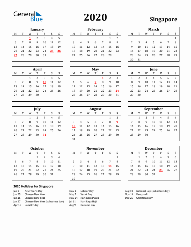 2020 Singapore Holiday Calendar - Monday Start
