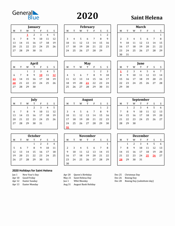 2020 Saint Helena Holiday Calendar - Monday Start