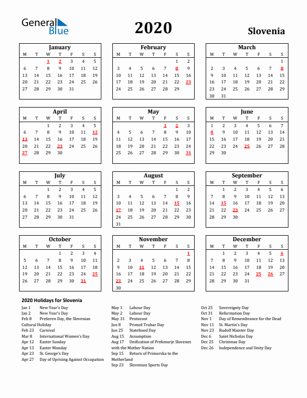 2020 Slovenia Holiday Calendar - Monday Start