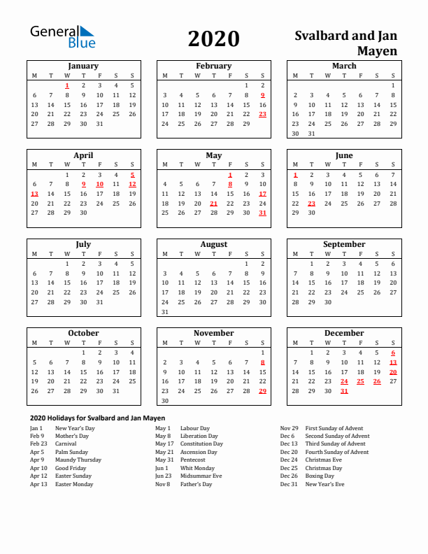 2020 Svalbard and Jan Mayen Holiday Calendar - Monday Start
