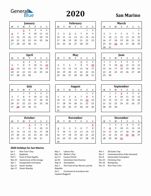 2020 San Marino Holiday Calendar - Monday Start