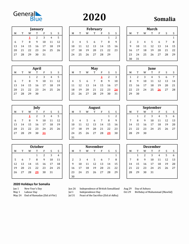 2020 Somalia Holiday Calendar - Monday Start