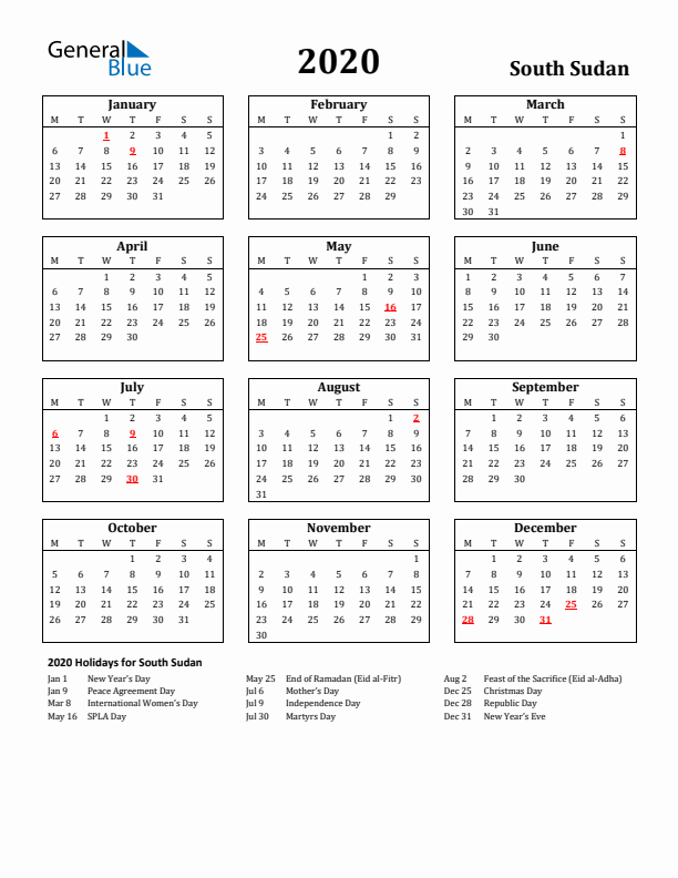 2020 South Sudan Holiday Calendar - Monday Start