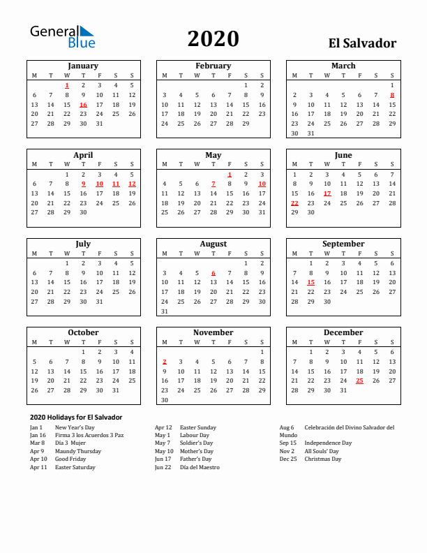 2020 El Salvador Holiday Calendar - Monday Start