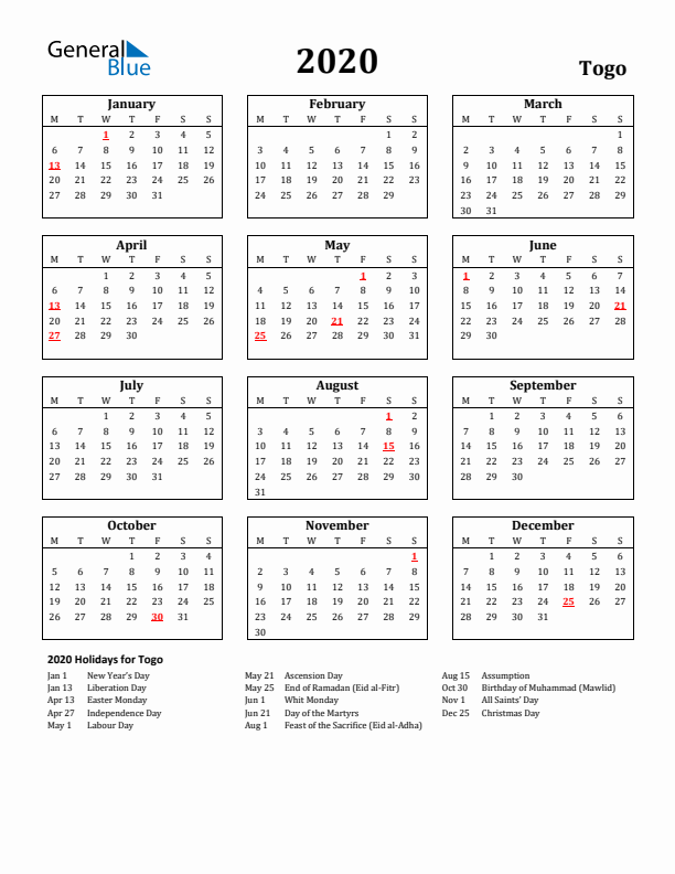 2020 Togo Holiday Calendar - Monday Start