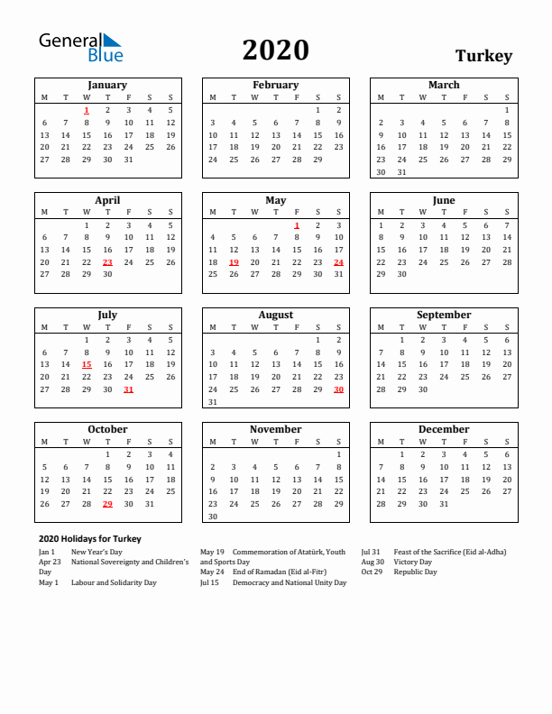 2020 Turkey Holiday Calendar - Monday Start