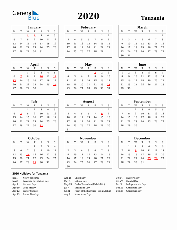 2020 Tanzania Holiday Calendar - Monday Start