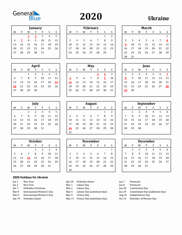 2020 Ukraine Holiday Calendar - Monday Start