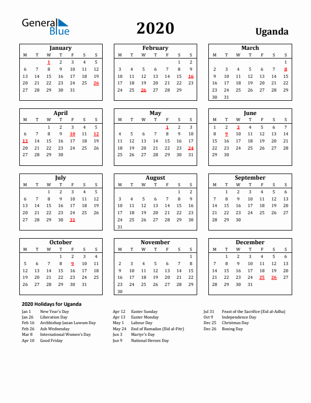 2020 Uganda Holiday Calendar - Monday Start