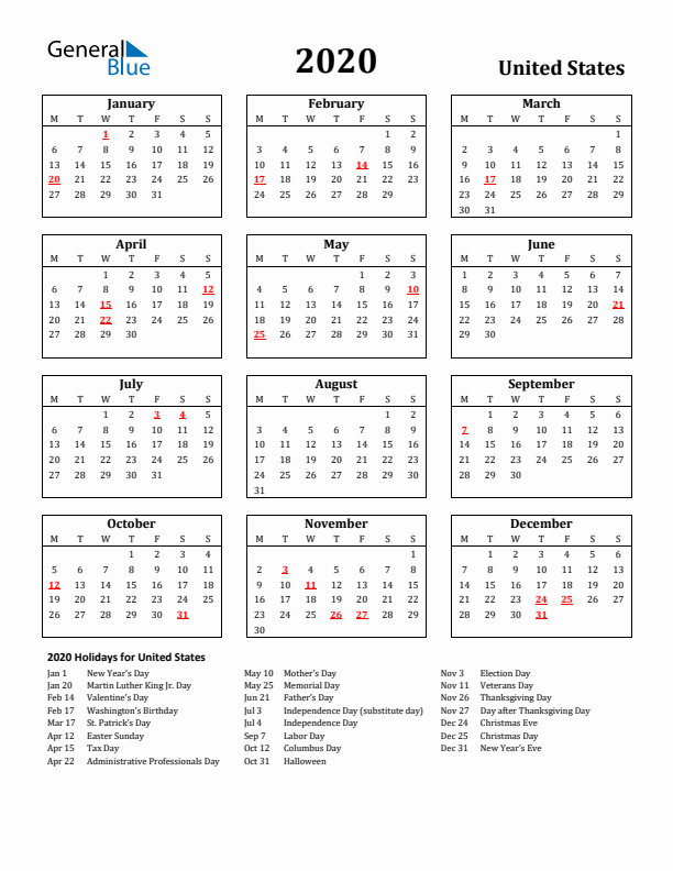 2020 United States Holiday Calendar - Monday Start