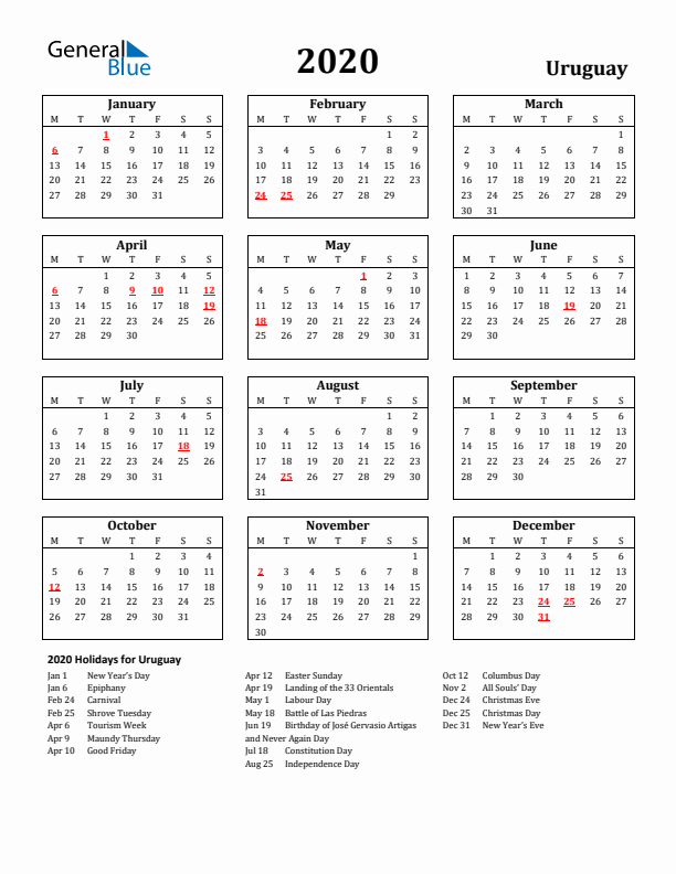 2020 Uruguay Holiday Calendar - Monday Start