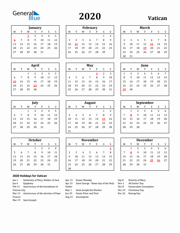 2020 Vatican Holiday Calendar - Monday Start