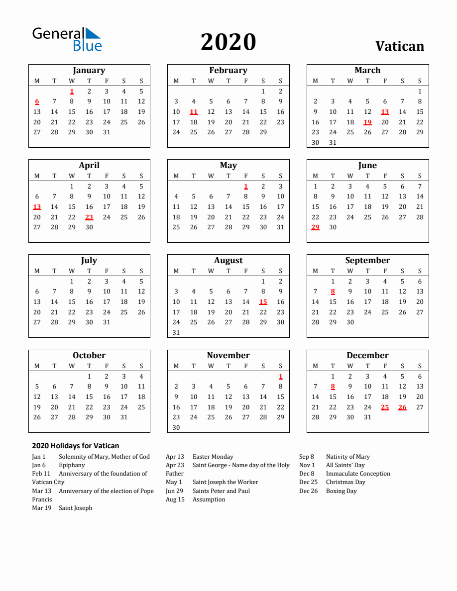 Free Printable 2020 Vatican Holiday Calendar