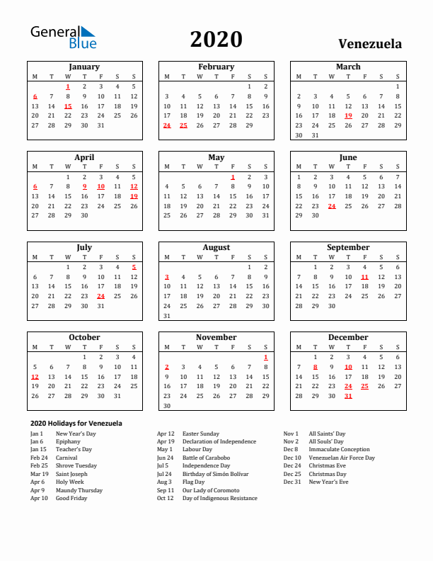 2020 Venezuela Holiday Calendar - Monday Start