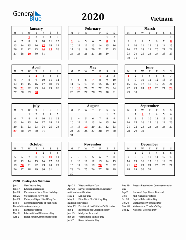2020 Vietnam Holiday Calendar - Monday Start