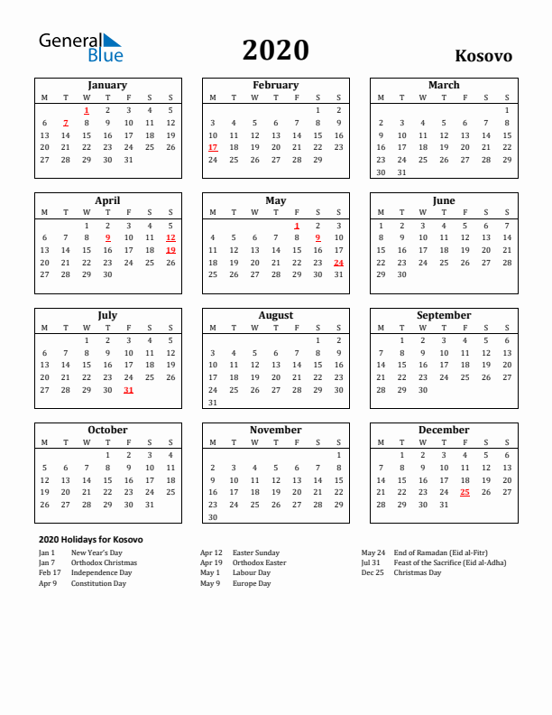 2020 Kosovo Holiday Calendar - Monday Start
