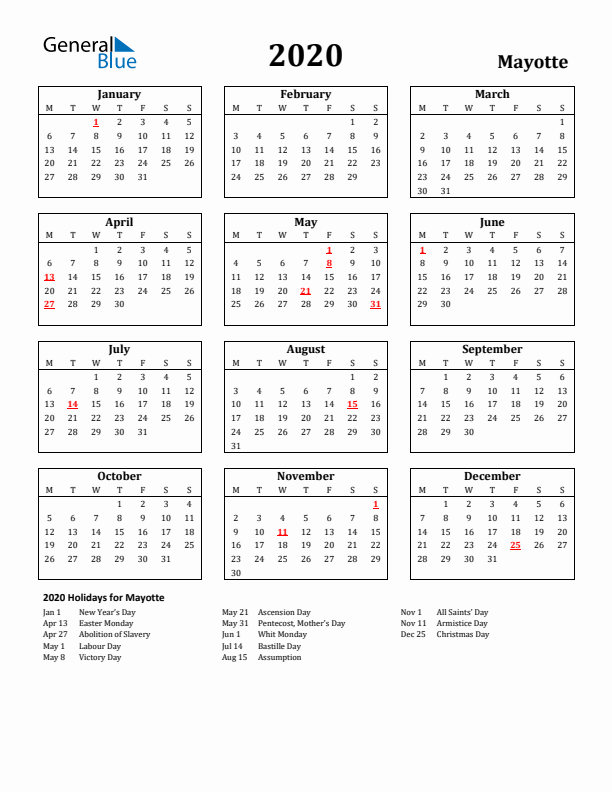 2020 Mayotte Holiday Calendar - Monday Start