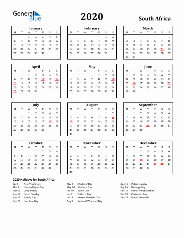 2020 South Africa Holiday Calendar - Monday Start