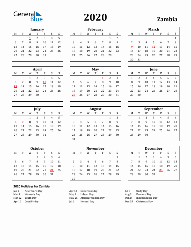2020 Zambia Holiday Calendar - Monday Start