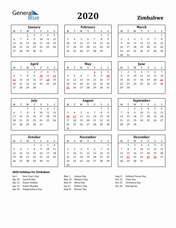 2020 Zimbabwe Holiday Calendar - Monday Start