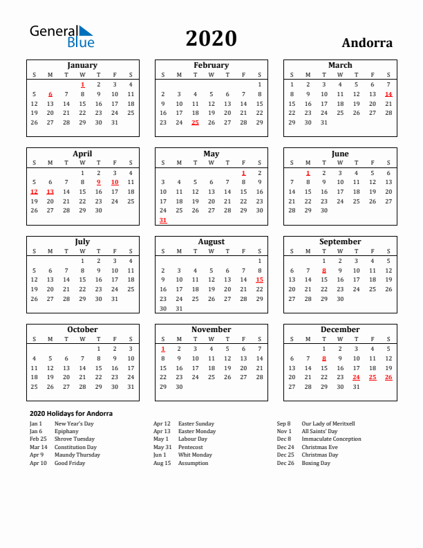 2020 Andorra Holiday Calendar - Sunday Start