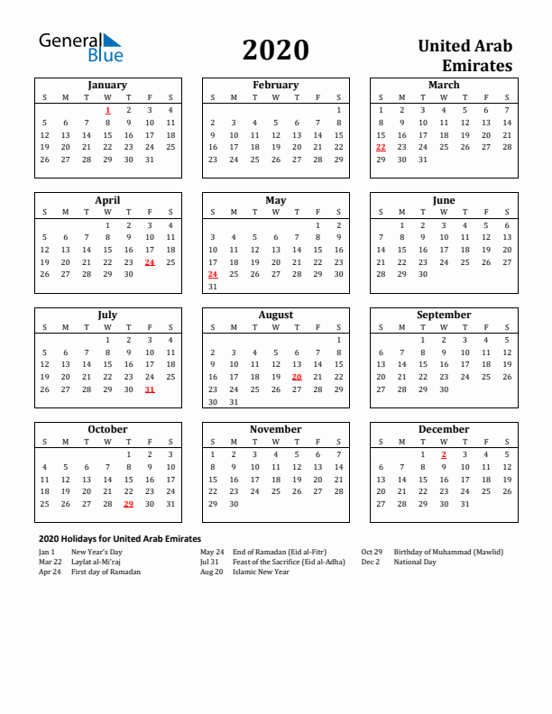 2020 United Arab Emirates Holiday Calendar - Sunday Start