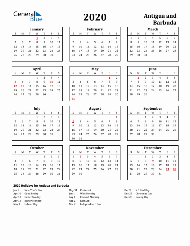 2020 Antigua and Barbuda Holiday Calendar - Sunday Start