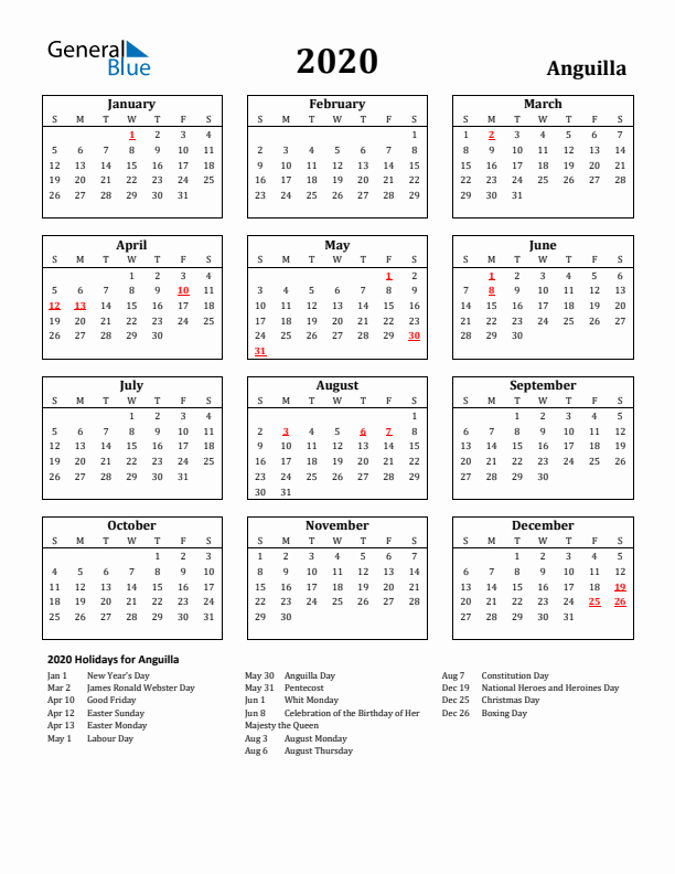 2020 Anguilla Holiday Calendar - Sunday Start