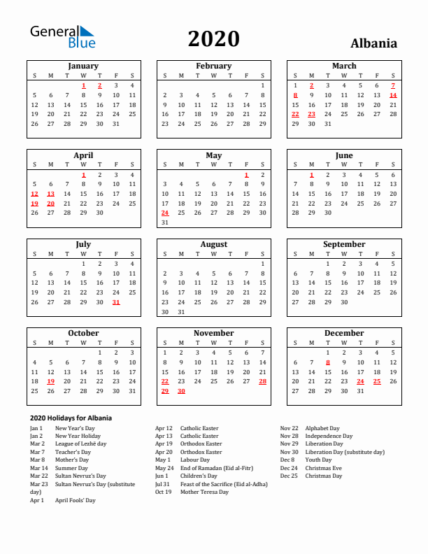 2020 Albania Holiday Calendar - Sunday Start