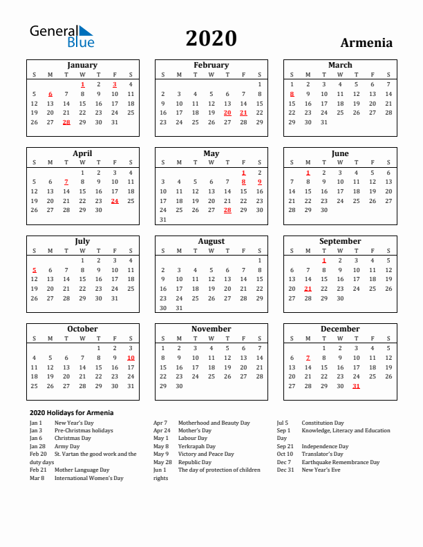 2020 Armenia Holiday Calendar - Sunday Start