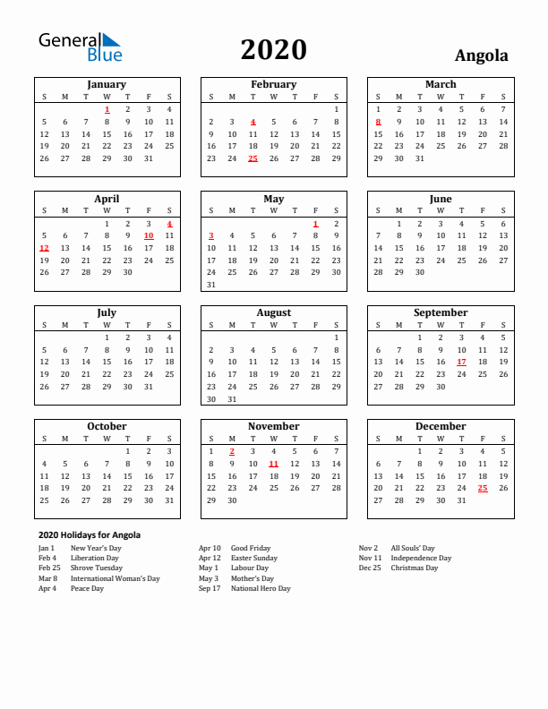 2020 Angola Holiday Calendar - Sunday Start