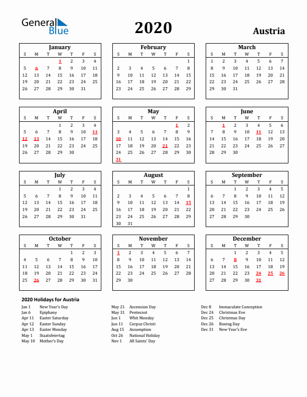 2020 Austria Holiday Calendar - Sunday Start