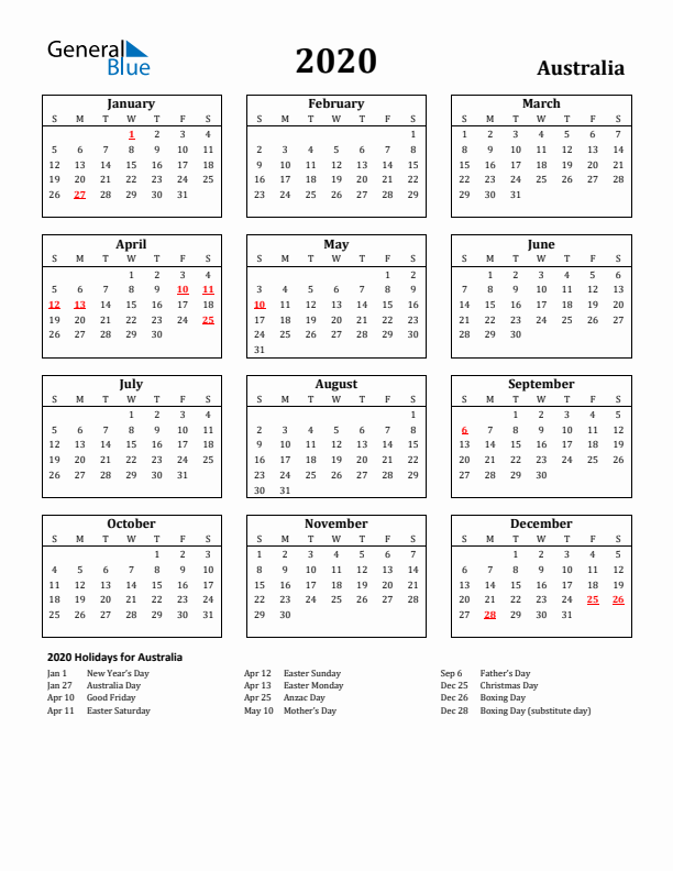 2020 Australia Holiday Calendar - Sunday Start