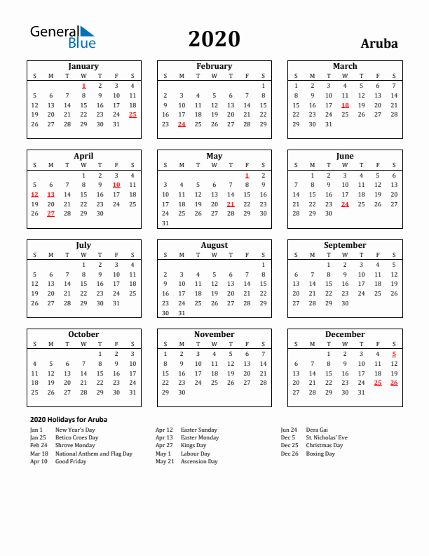2020 Aruba Holiday Calendar - Sunday Start