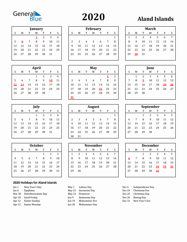 2020 Aland Islands Holiday Calendar - Sunday Start