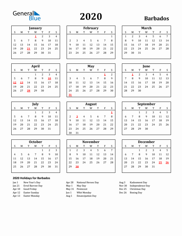 2020 Barbados Holiday Calendar - Sunday Start