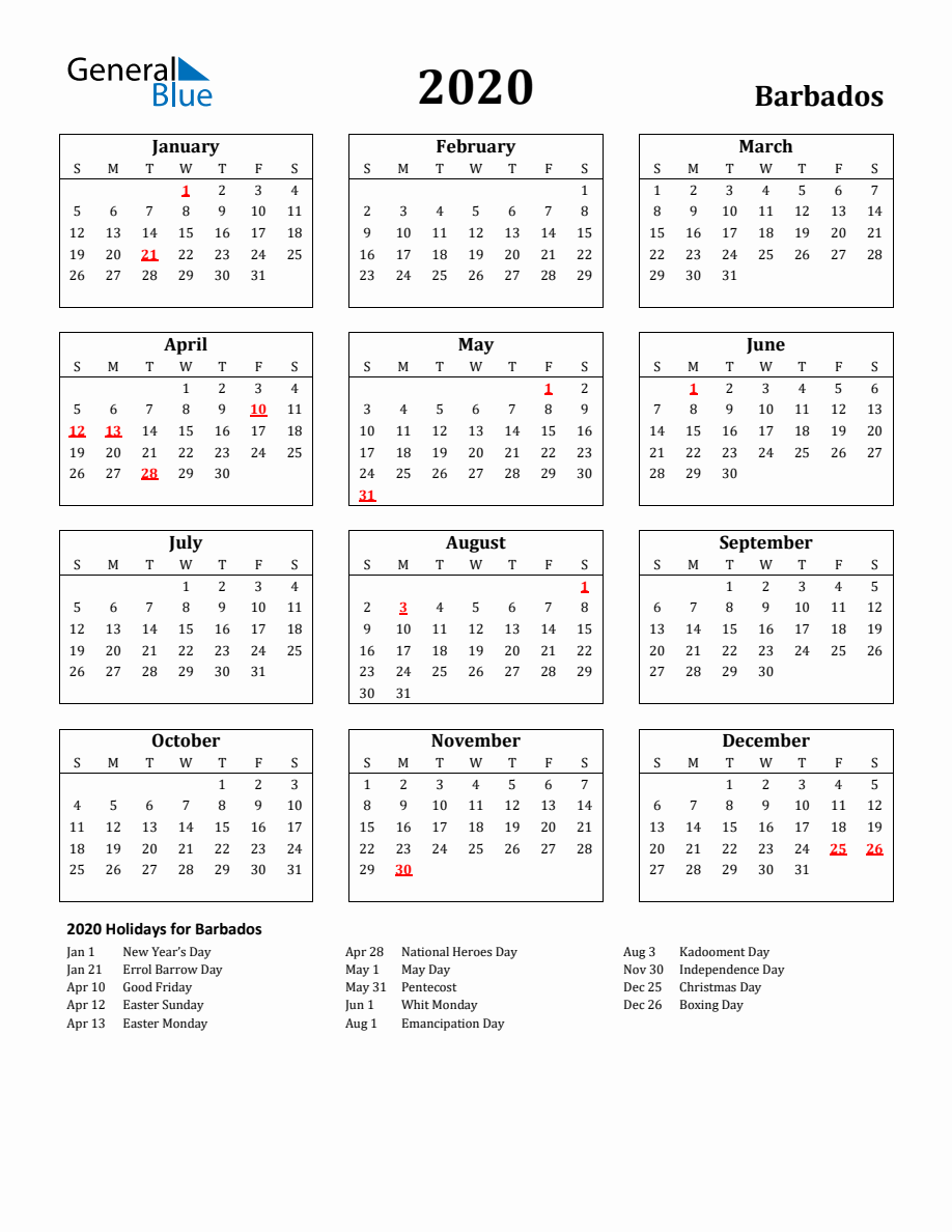 Free Printable 2020 Barbados Holiday Calendar