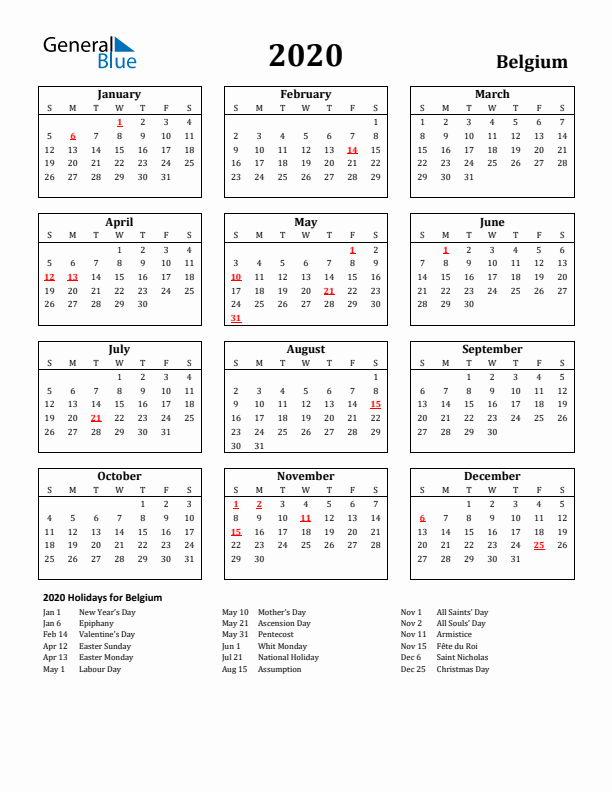 2020 Belgium Holiday Calendar - Sunday Start