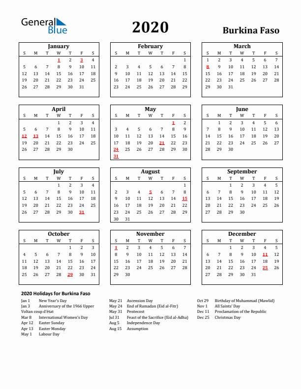 2020 Burkina Faso Holiday Calendar - Sunday Start