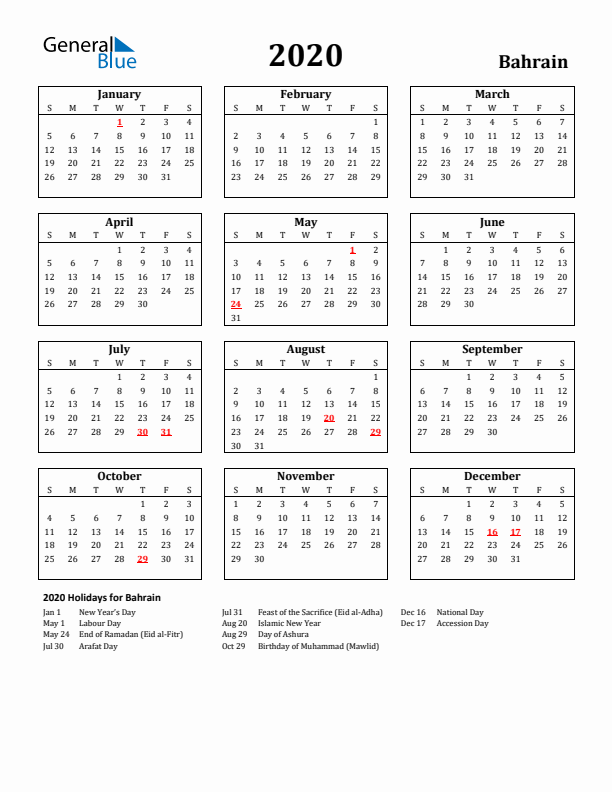 2020 Bahrain Holiday Calendar - Sunday Start