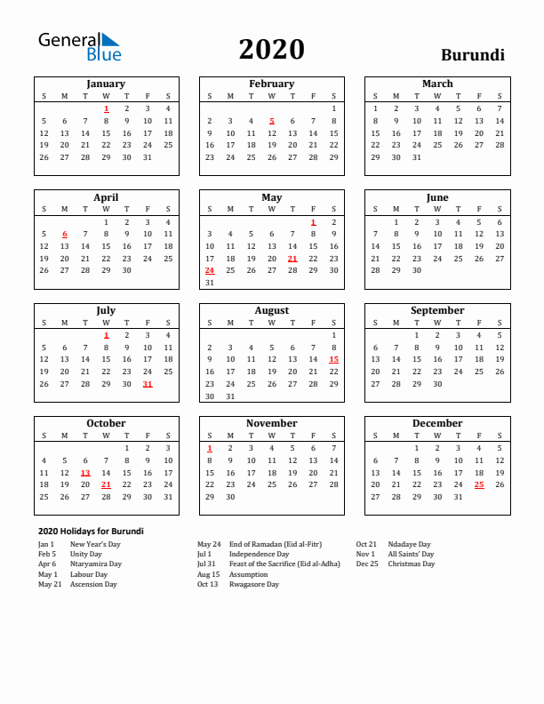 2020 Burundi Holiday Calendar - Sunday Start
